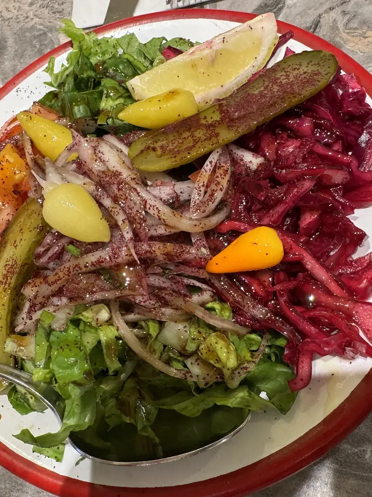 Plate of salad with sumac onions, tomato, pickles and shredded red cabbage